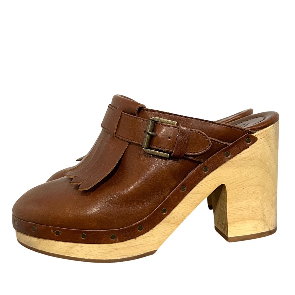Madewell Kiltie Fringe Buckle Platform Wooden Clogs Brown 6.5 Cottage Spring